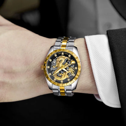 Wlisth relógio masculino 3d dragão dourado original relógio de quartzo para homem dragão dial à prova dwaterproof água luminosa data relógios de aço inoxidável