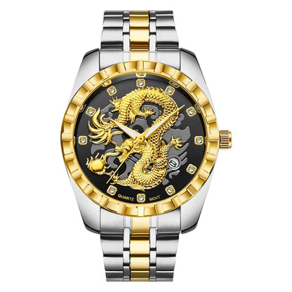 Wlisth relógio masculino 3d dragão dourado original relógio de quartzo para homem dragão dial à prova dwaterproof água luminosa data relógios de aço inoxidável