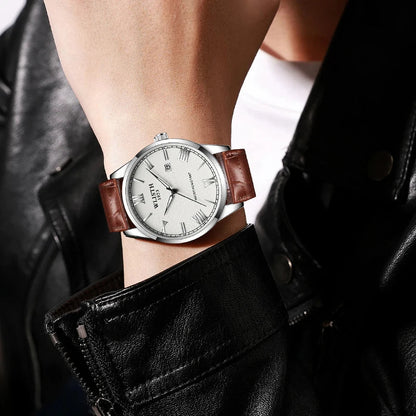 Homem de negócios relógio moda pulseira de couro relógios masculinos esporte à prova dwaterproof água calendário quartzo relógios de pulso masculino para homem