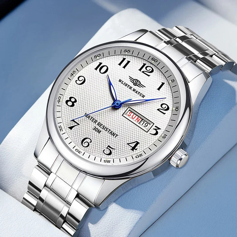 Wlisth marca de luxo relógio masculino quartzo algarismos árabes aço inoxidável calendário à prova dwaterproof água relógio de pulso presentes para pai