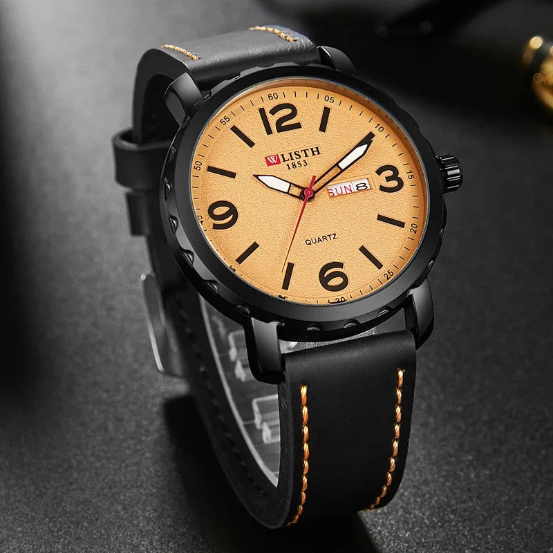 Relógio masculino moda luz noturna relógio de pulso de couro de quartzo relógio casual de negócios relógio esportivo à prova d'água