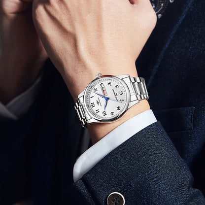 Wlisth marca de luxo relógio masculino quartzo algarismos árabes aço inoxidável calendário à prova dwaterproof água relógio de pulso presentes para pai