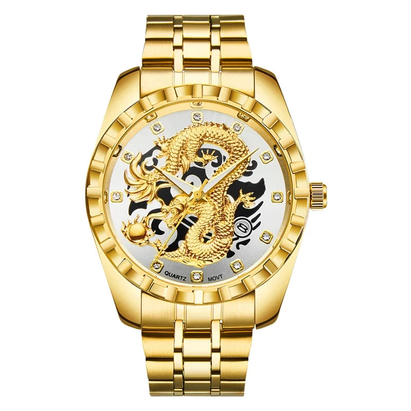 Wlisth relógio masculino 3d dragão dourado original relógio de quartzo para homem dragão dial à prova dwaterproof água luminosa data relógios de aço inoxidável