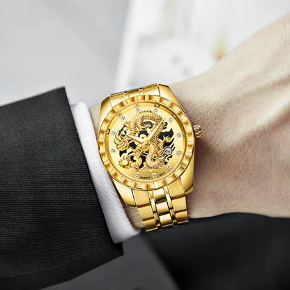 Wlisth relógio masculino 3d dragão dourado original relógio de quartzo para homem dragão dial à prova dwaterproof água luminosa data relógios de aço inoxidável