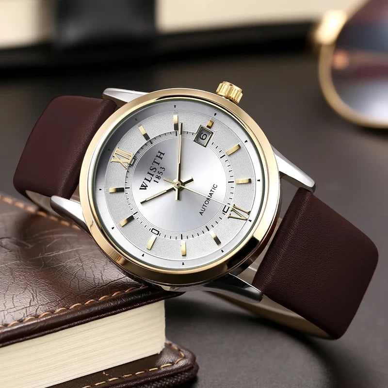 Relógio Automático Masculino com Pulseira de Couro Genuíno, Relógios à Prova d'Água, Luxuoso, Relógio Automático para Presentes Masculinos, Presentes de Negócios