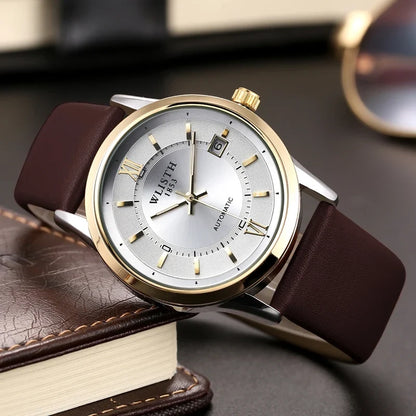 Relógio Automático Masculino com Pulseira de Couro Genuíno, Relógios à Prova d'Água, Luxuoso, Relógio Automático para Presentes Masculinos, Presentes de Negócios