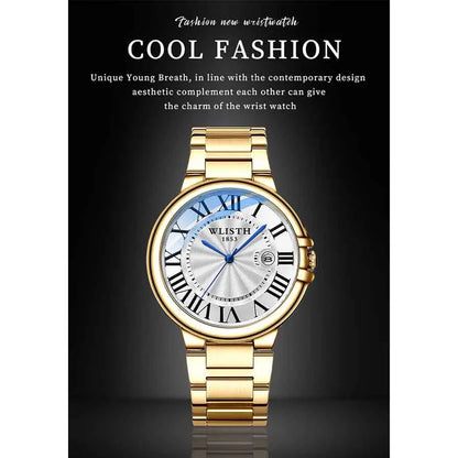 Wlisth marca de negócios relógio masculino high-end prateado aço inoxidável relógios de pulso à prova dwaterproof água roma masculino relógios de quartzo