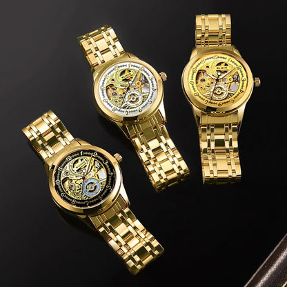 Novos Relógios Mecânicos Retro Gravados, Relógio Automático para Homens com Ponteiros Luminosos Dourados e Pulseira de Aço, Relógios Mecânicos de Luxo