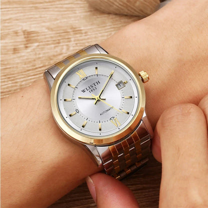 Relógio Automático Masculino com Pulseira de Couro Genuíno, Relógios à Prova d'Água, Luxuoso, Relógio Automático para Presentes Masculinos, Presentes de Negócios