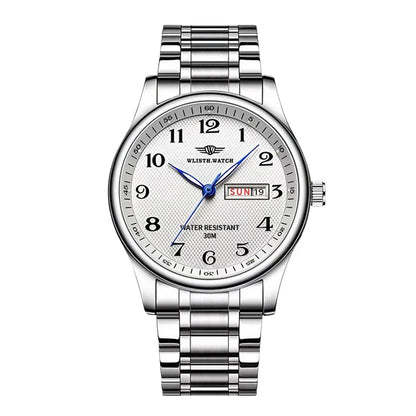 Wlisth marca de luxo relógio masculino quartzo algarismos árabes aço inoxidável calendário à prova dwaterproof água relógio de pulso presentes para pai