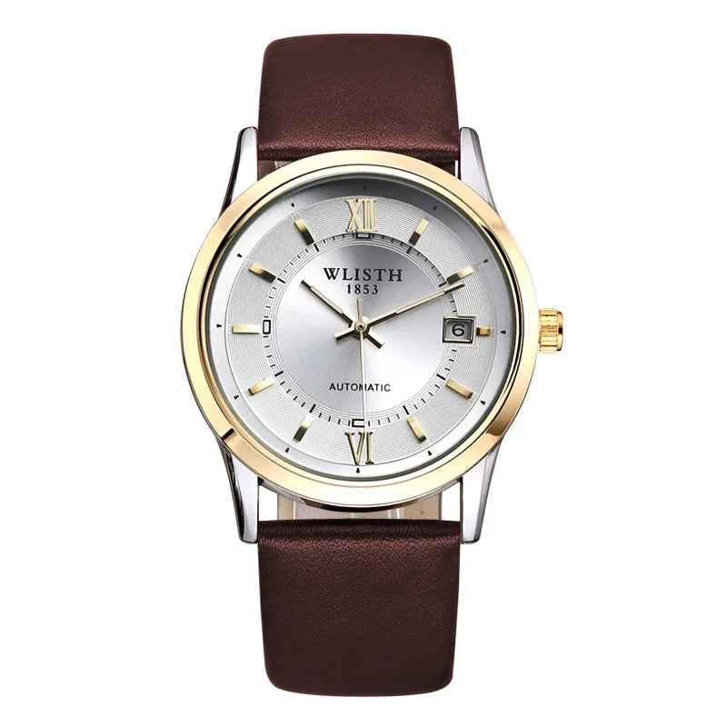 Relógio Automático Masculino com Pulseira de Couro Genuíno, Relógios à Prova d'Água, Luxuoso, Relógio Automático para Presentes Masculinos, Presentes de Negócios