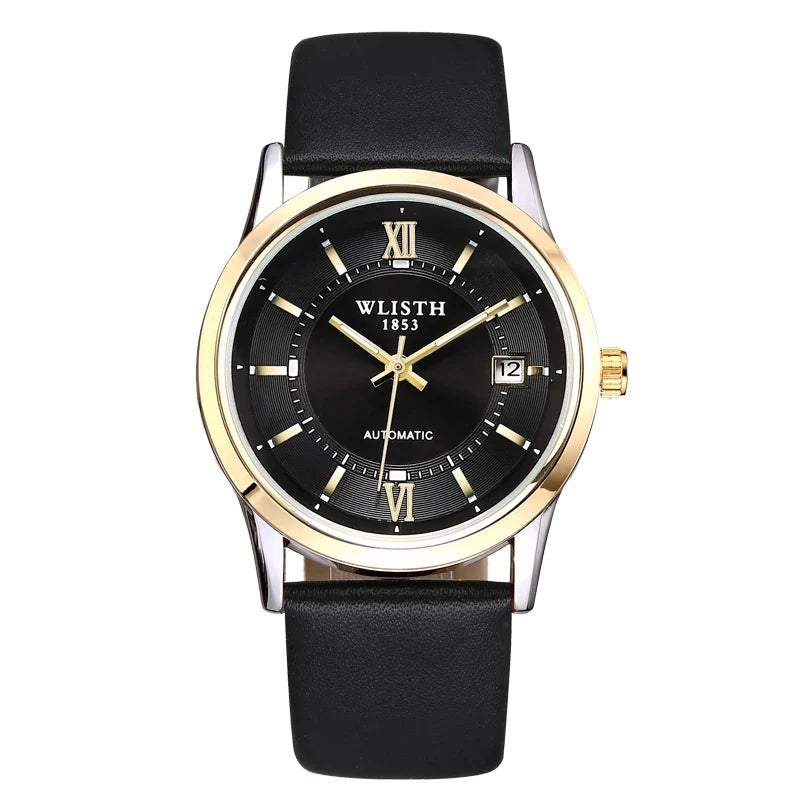 Relógio Automático Masculino com Pulseira de Couro Genuíno, Relógios à Prova d'Água, Luxuoso, Relógio Automático para Presentes Masculinos, Presentes de Negócios