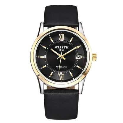 Relógio Automático Masculino com Pulseira de Couro Genuíno, Relógios à Prova d'Água, Luxuoso, Relógio Automático para Presentes Masculinos, Presentes de Negócios