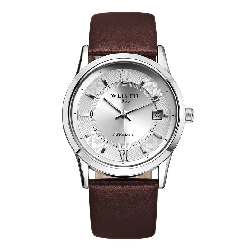Relógio Automático Masculino com Pulseira de Couro Genuíno, Relógios à Prova d'Água, Luxuoso, Relógio Automático para Presentes Masculinos, Presentes de Negócios