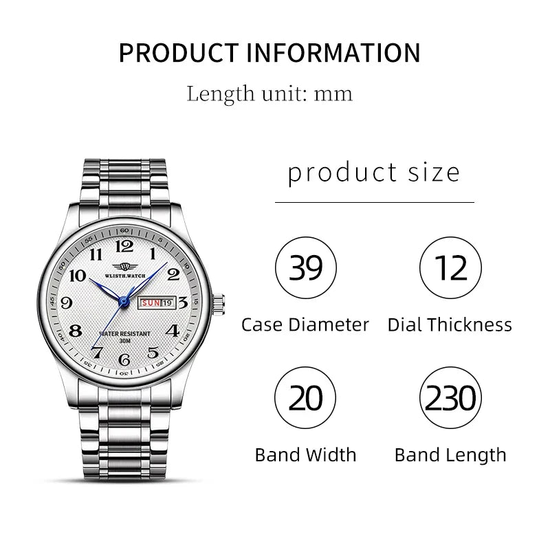 Wlisth marca de luxo relógio masculino quartzo algarismos árabes aço inoxidável calendário à prova dwaterproof água relógio de pulso presentes para pai