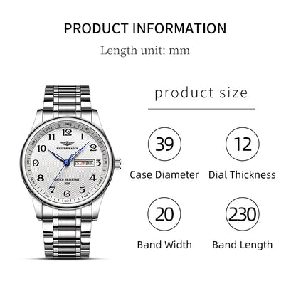 Wlisth marca de luxo relógio masculino quartzo algarismos árabes aço inoxidável calendário à prova dwaterproof água relógio de pulso presentes para pai