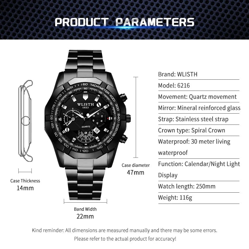 Relógio Masculino Original Esportivo Quartz com Calendário Pulseira de Aço à Prova d'Água Luminosa Multifuncional Relógio Quartz Reloj Hombre