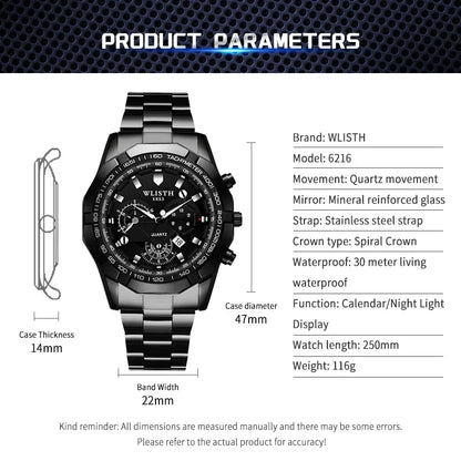 Relógio Masculino Original Esportivo Quartz com Calendário Pulseira de Aço à Prova d'Água Luminosa Multifuncional Relógio Quartz Reloj Hombre