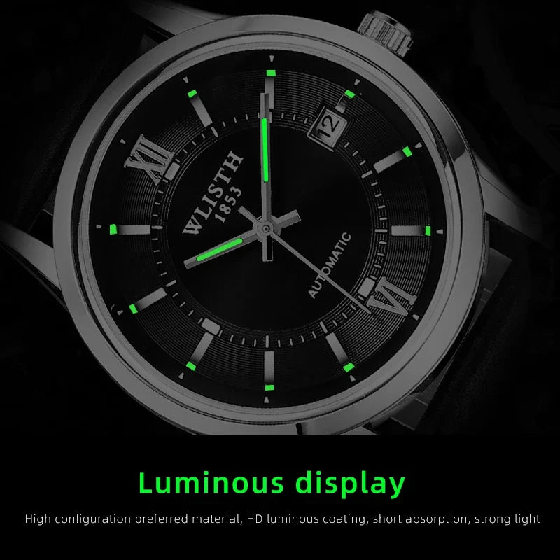 Relógio Automático Masculino com Pulseira de Couro Genuíno, Relógios à Prova d'Água, Luxuoso, Relógio Automático para Presentes Masculinos, Presentes de Negócios