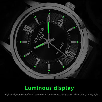 Relógio Automático Masculino com Pulseira de Couro Genuíno, Relógios à Prova d'Água, Luxuoso, Relógio Automático para Presentes Masculinos, Presentes de Negócios